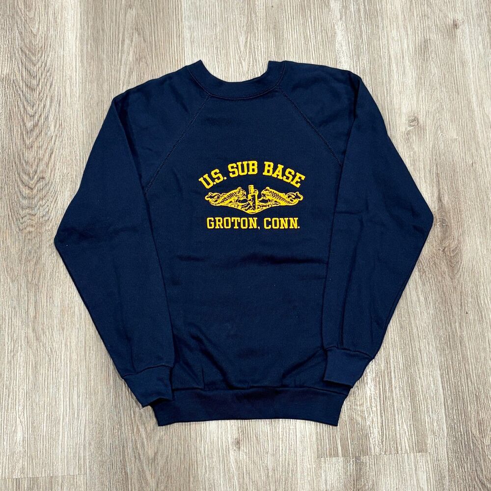 Vtg 80s U.S. Sub Base Flock Print Sweatshirt Youth L Blue Military Groton, Conn